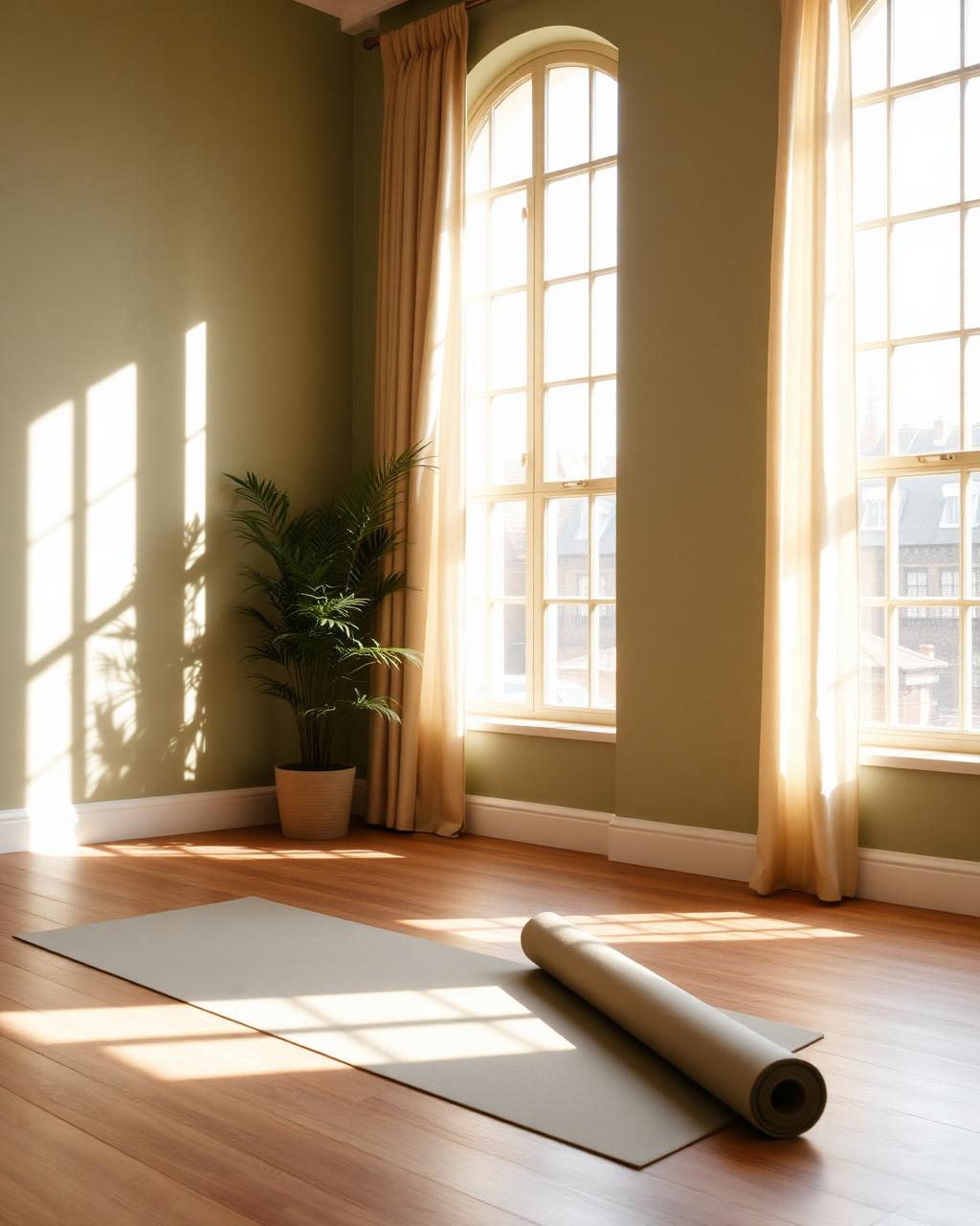 Sunlit boutique yoga studio in Bristol with a rolled mat on wooden floor